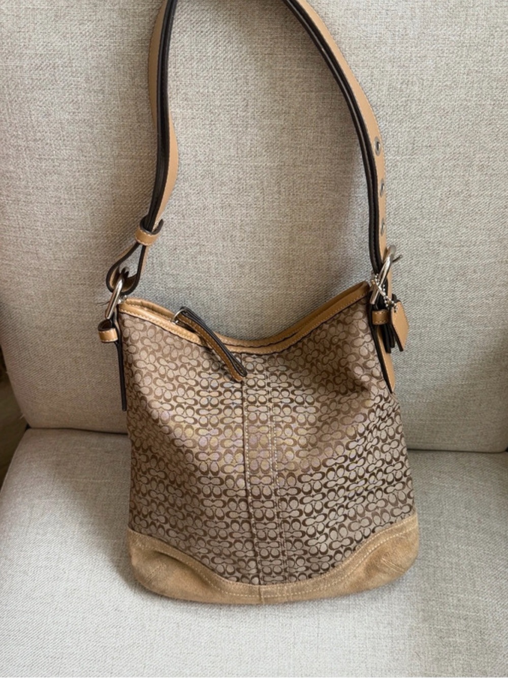 Coach Mini Signature C jacquard and suede shoulder bag camel/tan